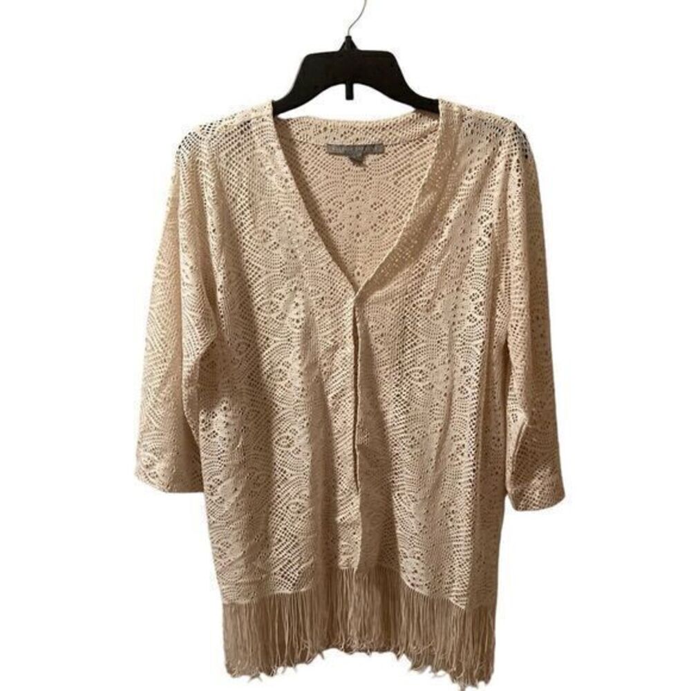 Valerie Stevens Ivory Overlay Lace Cardigan Crochet Fringe Size L Boho Cowgirl‎